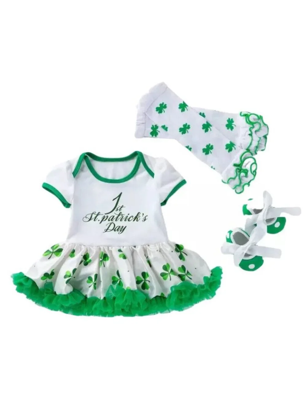 1st St. Patrick's Day Outfit Baby Girl Set Dress Crib Shoes Leg Warmers NEW 12m